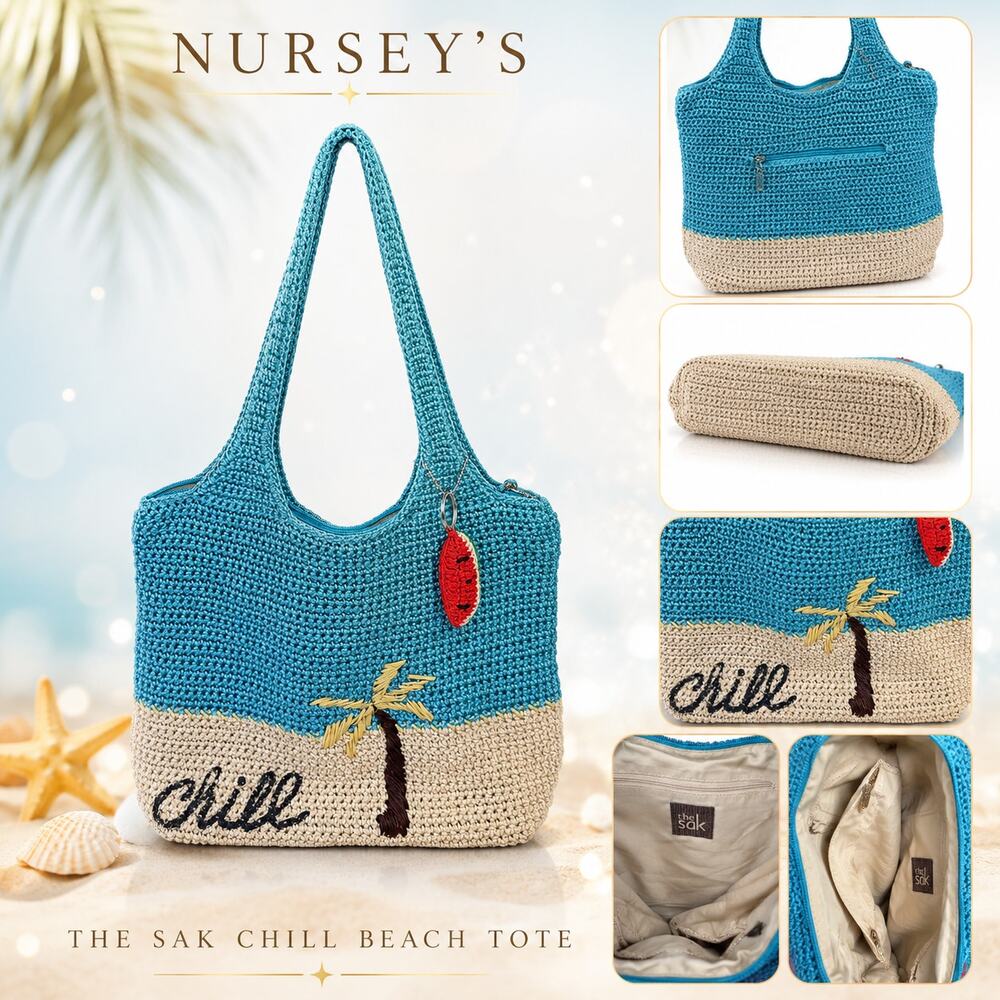 The Sak Chill Crochet Beach Tote Palm Tree Watermelon Charm Blue Tan Bag